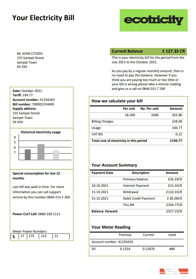 United Kingdom Ecotricity electricity utility bill template in Word and PDF format (.doc and .pdf)